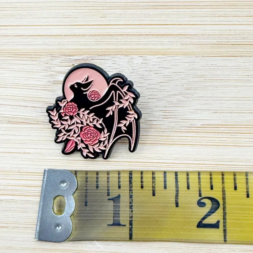 Gothic Bat Enamel Pin Pink Roses Floral Witchy Halloween Soft Enamel